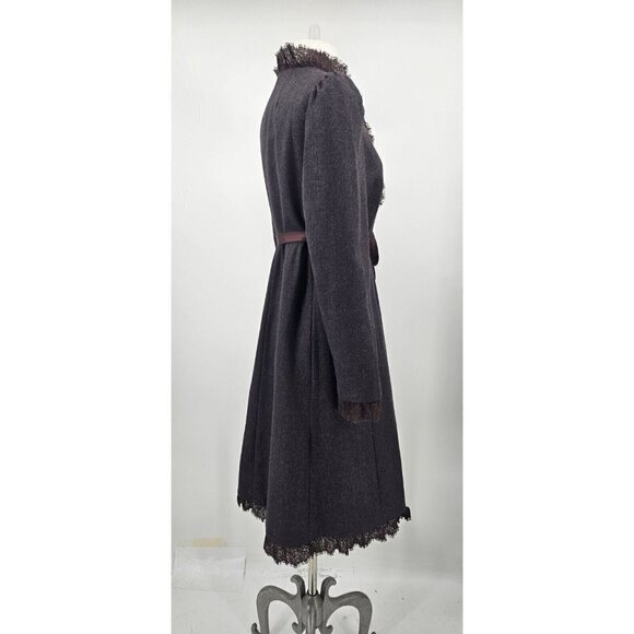 Rebecca Taylor Wool Duster Coat Womens 4 Long Brown Jacket Lace Tie Front - Picture 5 of 10